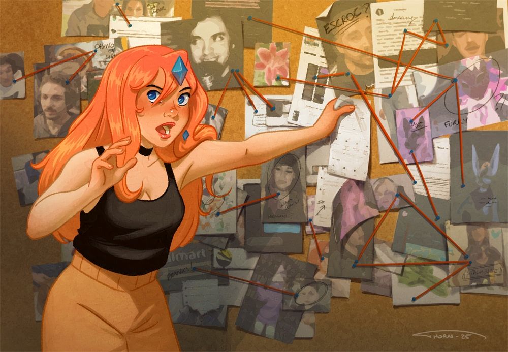 L'avatar de Cléore (une jeune fille avec de longs cheveux roux, des yeux bleus, un petit diamant bleu au niveau du front, un tour de cou noir, un débardeur noir et un short orange), devant un "detective board" (plein de photos et documents sur un mur, avec des fils rouges qui relient certaines photos), en train de tenir un des documents de la main gauche, la main droite levée en plein monologue, les yeux tournés vers nous. C'est un hommage à un mème appelé Pepe Silvia, tiré d'une scène célèbre de It's Always Sunny In Philadelphia.