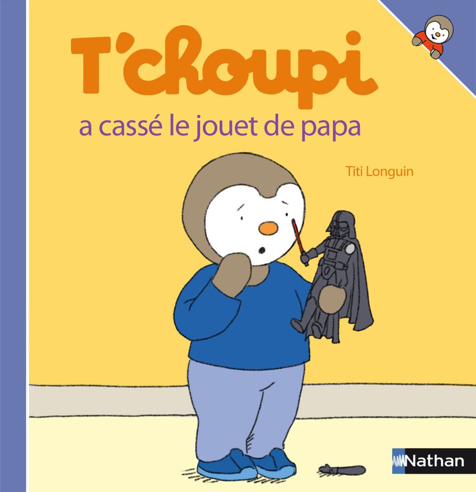 La couverture de "T'choupi a cassé le jouet de papa" (on voit T'choupi tenant en main une figurine de Dark Vador à laquelle il manque un bras)