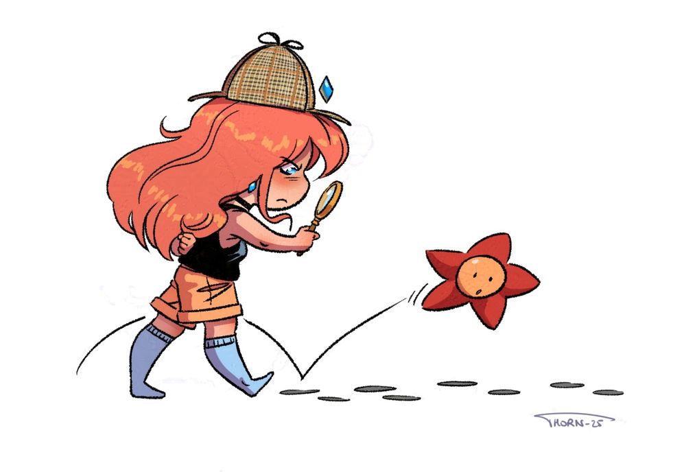 Une chibi Cléore avec le chapeau de Sherlock Holmes, la loupe à la main, très concentrée à suivre des traces. Derrière elle, sa mascotte soleil sautille et regarde les traces aussi.
