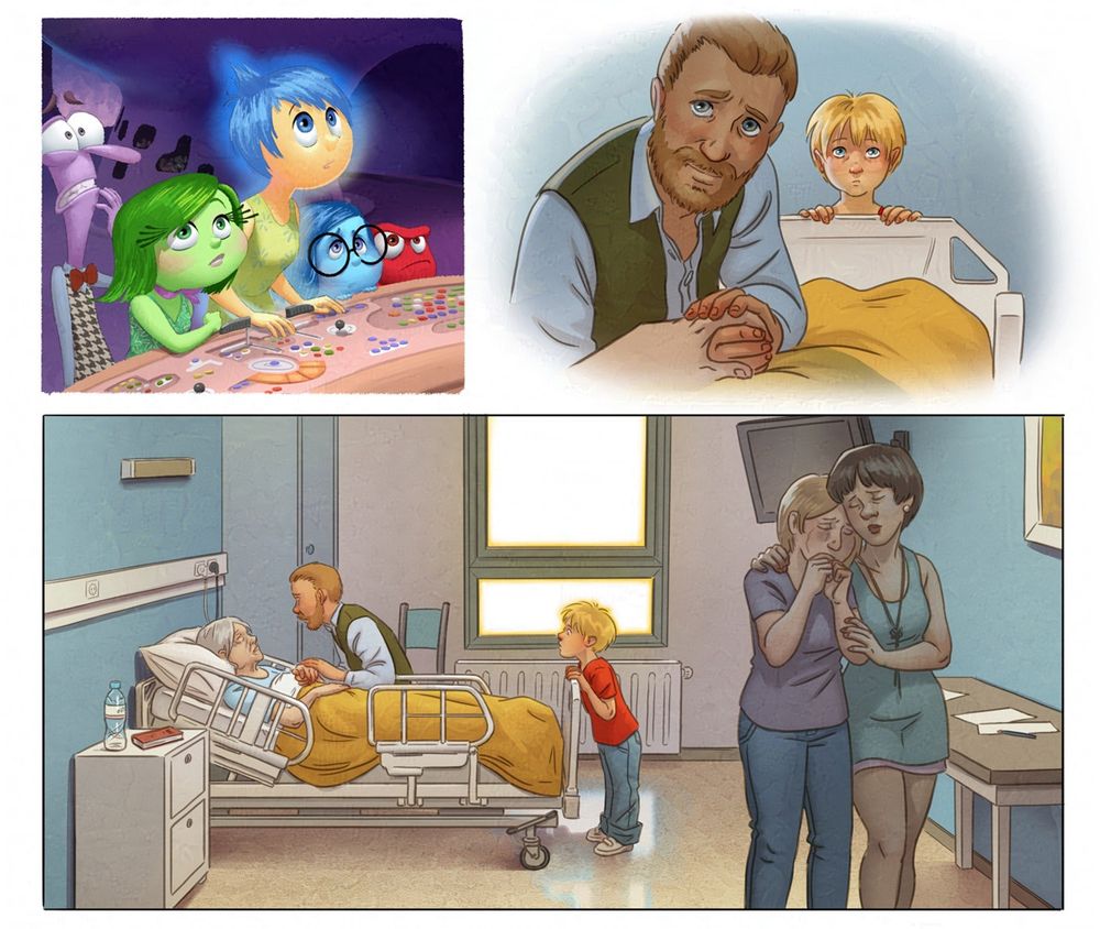 Les émotions reviennent vers l'écran. On y voit le présent. Un homme tient la main de Riley, qui est dans un lit médicalisé. Un petit garçon la regarde du bout du lit. 
Vue d'ensemble. On est dans une chambre d'hôpital. Riley est une vieille femme, sa famille est dans la chambre avec elle. Quelqu'un pleure en silence.