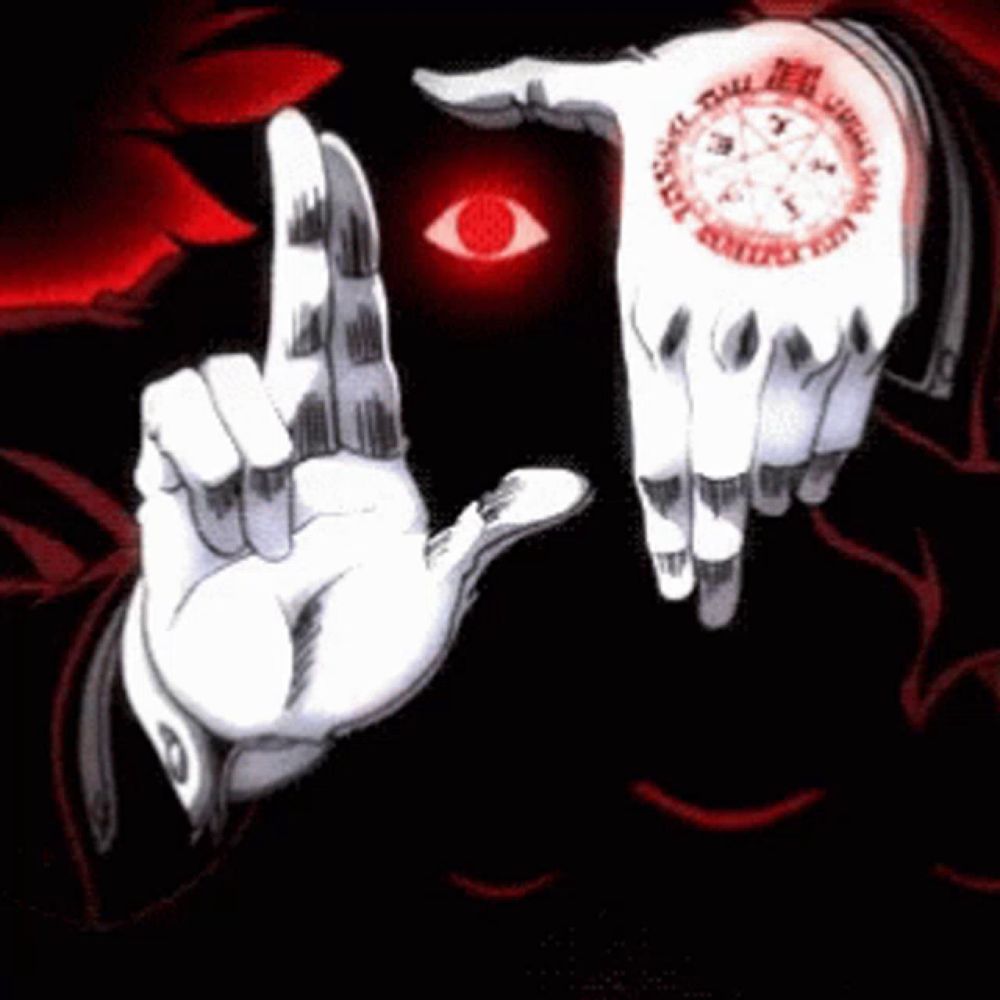 a drawing of a person 's hands with a red eye and a circle that says ' evil ' on it