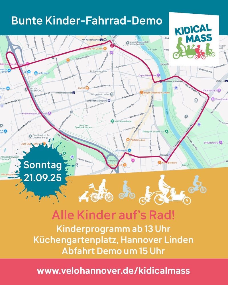 Zu sehen ist eine Karte mit der Demo Route der Kinder Fahrrad Demo am Sonntag,21.09., ab 13 Uhr