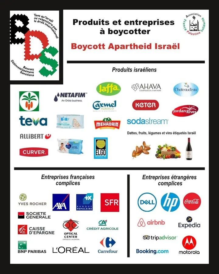 Liste de produits et entreprises avec leurs logos à boycotter dans le cadre de la campagne BDS de soutien à la Palestine : 
- israéliens : Jaffa, Ahava, Château d'eau, Tecz, Mahadrin, SodaStream, Alibert, Curver, Elgo ...
- français : Yves Rocher, L'Oréal, BNP, Caisse d'épargne, Société générale, Axa, Banque populaire, Optique centrr, Crédit agricole, Carrefour 
- monde : Dell, HP, Coca cola, AirBnB, Expedia , Booking, TripAdvisor et Motorola 
