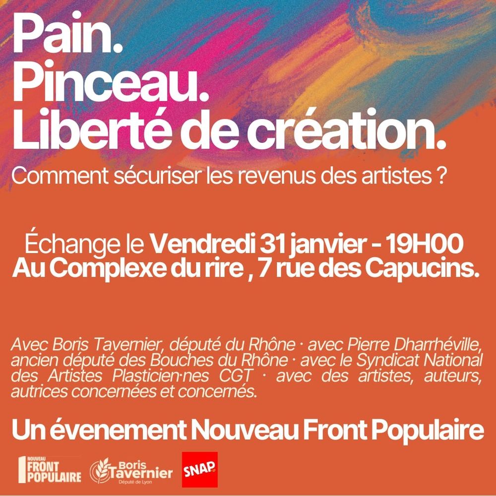 Flyer invitant à une réunion publique pour présenter la PPL sur la sécurisation des revenus des artistes auteurs avec Pierre Dhareville et Boris Tavernier (député de la 2e circo de Lyon) 