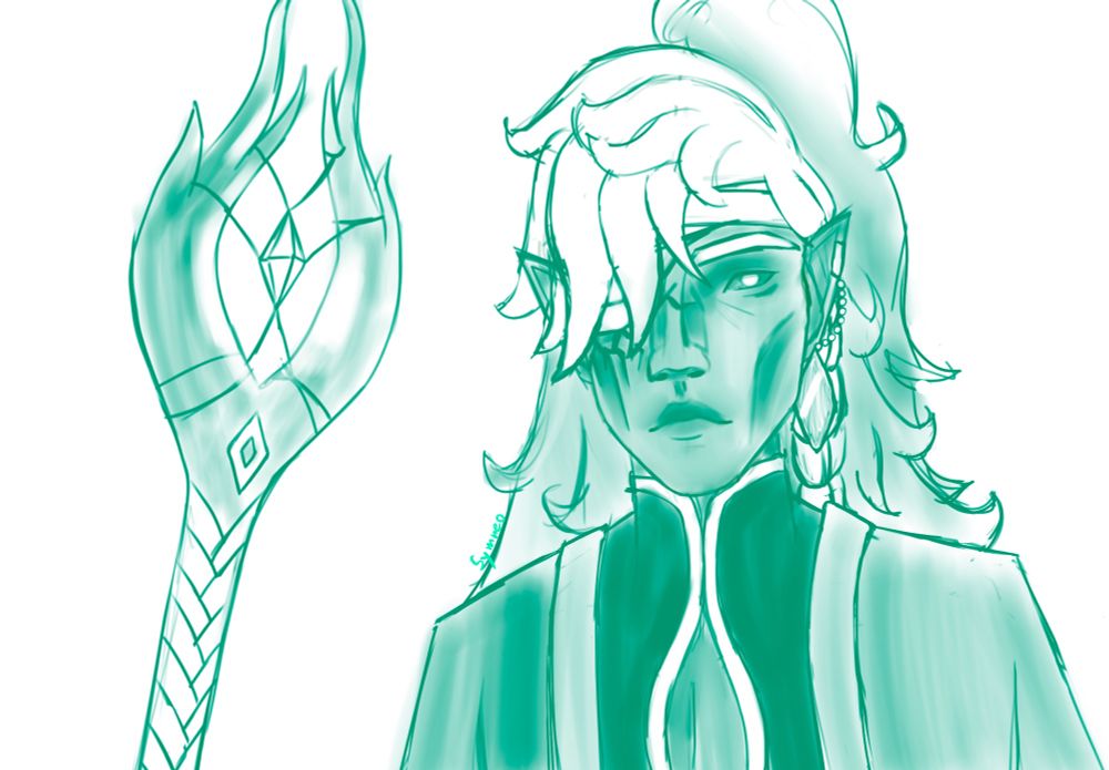 A rough sketch of a druid holding a staff. Some Values are blocked it, but it is monochrome green