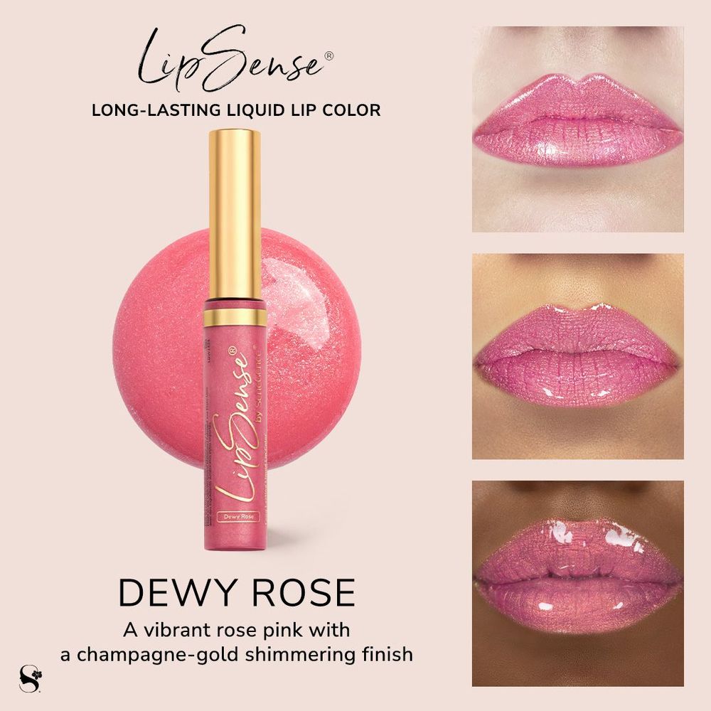 One Lipsense called Dewy Rose and swatches on three different skintones.