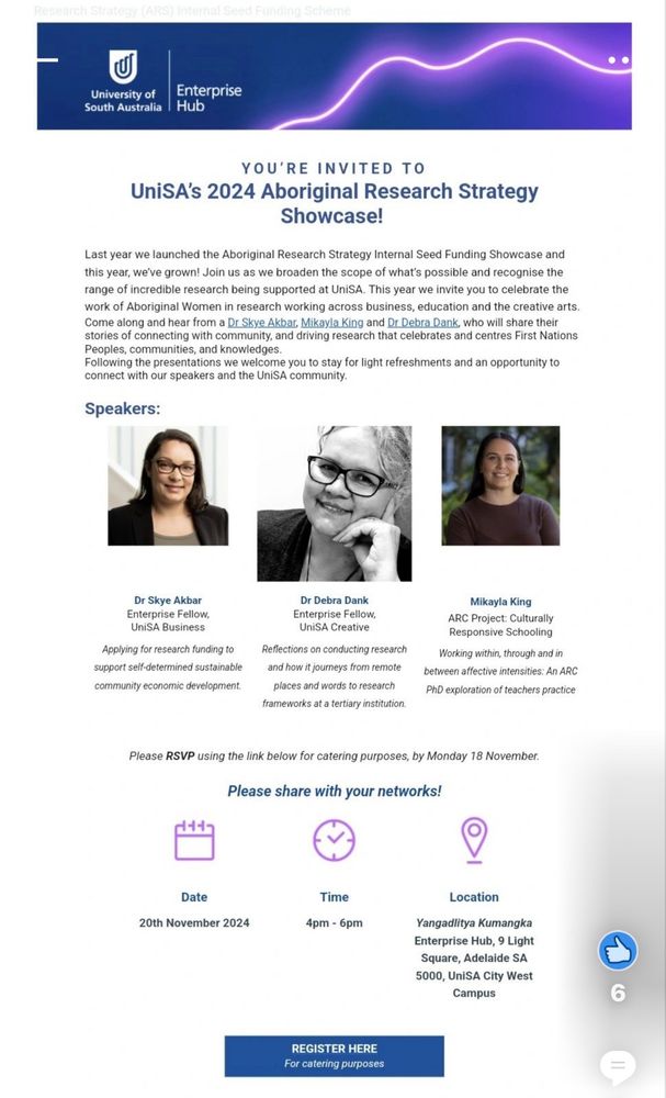 Flyer for UniSA 2024 Aboriginal Research Strategy Showcase. 20 November 4-6pm UniSA City West campus. 