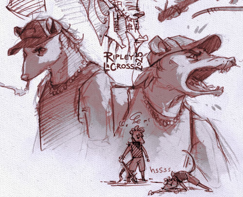 Cropped screenshot of a sketchbook spread. Front and center are two anthropomorphic opossum characters, wearing a ball-chain necklace, muscle tank top, and baseball cap. They appear pensive, angry, and full of rage. Small doodles at the bottom depict them with a nailbat with a silver cross attached to it, as well as crawling on all four limbs. Cut off at the top looks like more doodles of said possum, holding a... jaw?? In their mouth??? That's not their jaw???? Guess you'll have to check out my Patreon in October to see more. 