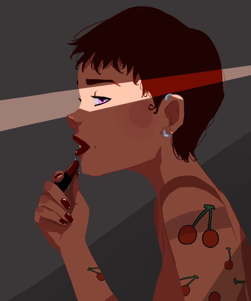 digital drawing of a girl putting lipstick on