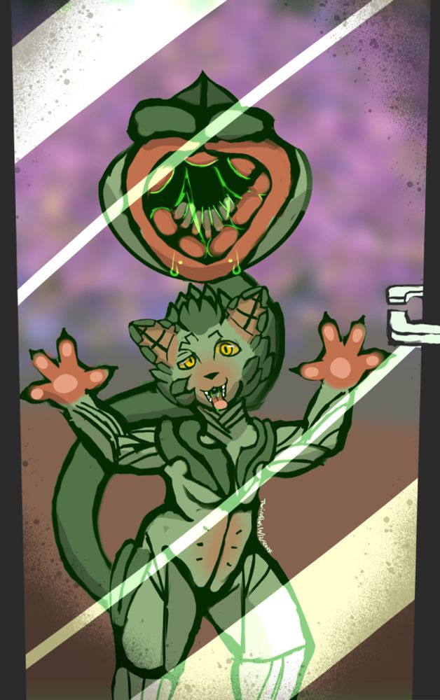 Nepenthes pressed against a greenhouse glass door, licking and drooling.