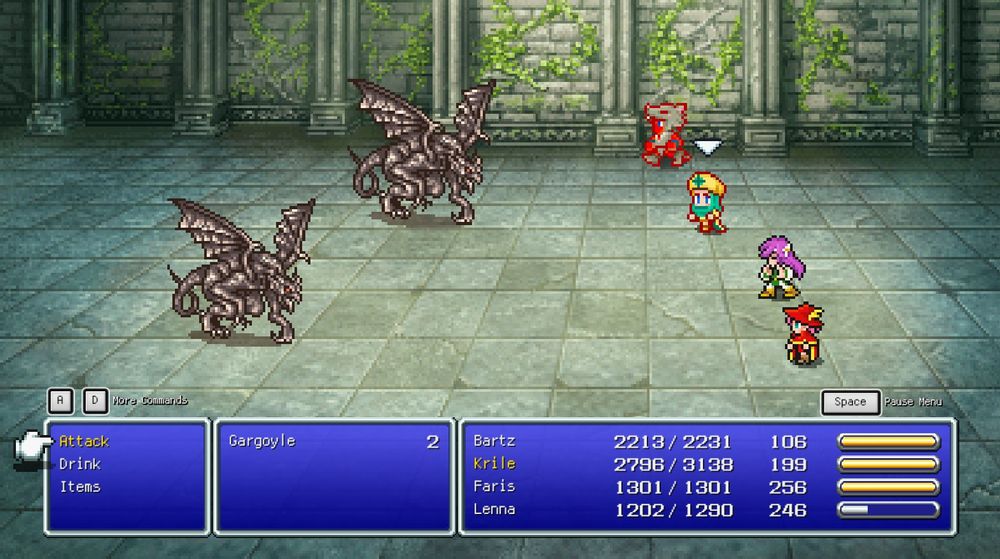 Final Fantasy V screenshot: Gargoyles boss fight with a party of Berserker, Chemist, Bard, and Red Mage.
