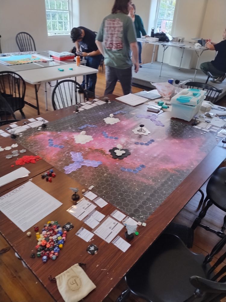 The overall table setup, including a brand new space themed hex mat!