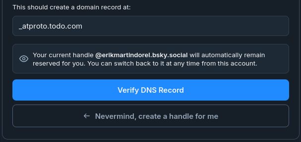 This should create a domain record at:

_atproto.todo.com

Your current handle @erikmartindorel.bsky.social will automatically remain reserved for you. You can switch back to it at any time from this account.

Verify DNS Record (…)