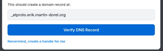 This should create a domain record at:

_atproto.erik.martin-dorel.org

Verify DNS Record (…)