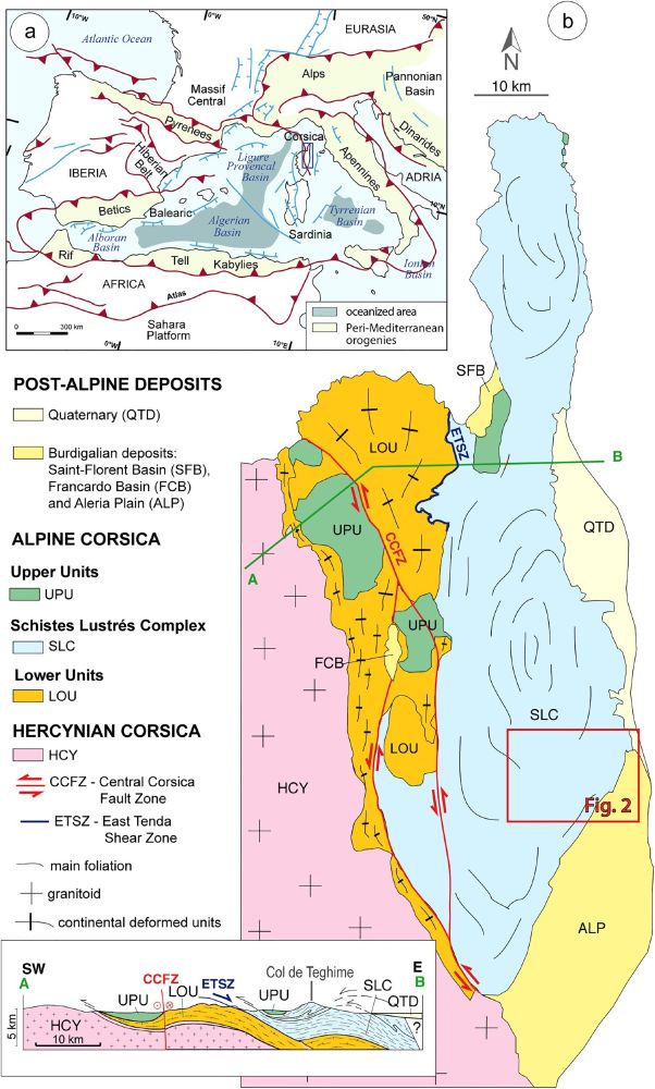 Carte tectonique du nord-est de la Corse. Le cadre pour la figure 2 correspond à l'emplacement des mines Matra.

source : https://doi.org/10.1080/17445647.2024.2394502
