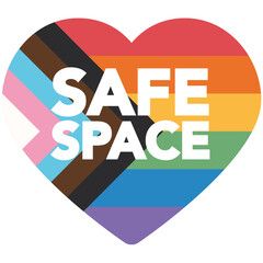 A heart shaped Progress Pride flag with the words "safe space" superimposed.