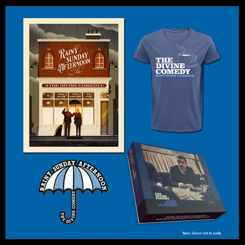 We're delighted to present the latest A3 art print by Mathieu Persan in his ongoing series of alternative album covers. 'Rainy Sunday Afternoon' is a welcome addition to this collectable range of prints. You can build a gallery of your favourite albums by adding 2 or more prints to your cart for a discount.
Also new to our shop is a 500 piece jigsaw of the album cover featuring the stunning photo by Kevin Westenberg. This comes with an A4 guide print to help you solve the puzzle.
If your lapel is looking drab, then make it pop with our unique umbrella badge. And for those who want to update their wardrobe, we have a beautiful blue 'Rainy Sunday Afternoon' themed t-shirt with coffee cup motif. The t-shirt is also available in a variety of album bundles which also include an A4 artwork print signed by Neil. 
Don't forget to pre-order your copy of our new album! Our official store stocks the album on CD, expanded 2CD with the bonus album 'Live in Paris & London', LP, colour LP and a limited edition aqua blue cassette which can only be bought from our store. 
Also available is a very special limited edition Deluxe LP casebound book which takes a behind the scenes look at the making of 'Rainy Sunday Afternoon' at Abbey Road Studios. An essential for any Divine Comedy fan. The link to our online shop is in our Bluesky post.