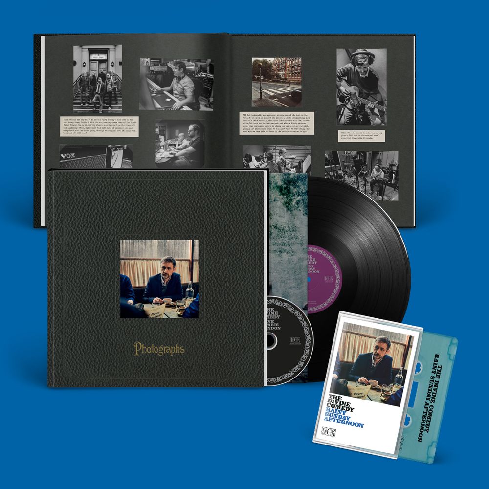 We're delighted to share more details on our lovely LP Book, available from our official shop to buy on its own or in bundles which include an A4 artwork print signed by Neil.
The Deluxe Limited Edition LP Book is a gorgeous 12" casebound book containing the album on black BioVinyl in an inner sleeve with artwork and lyrics. The 20 page book takes a behind the scenes look at the making of 'Rainy Sunday Afternoon' with text from Neil, the band and engineer Tom Bailey. Illustrated throughout with photos by Kevin Westenberg and the band plus extracts from Neil's lyric notebooks, this provides an intimate insight into the recording process. Together with the 'Live in Paris & London' bonus CD this package is essential for any Divine Comedy fan.
The Limited Edition recycled aqua blue cassette is exclusive to our official shop. It's also available in the album bundles so you can combine the cassette with the formats of your choice and even the 'Rainy Sunday Afternoon' t-shirt.
As well as the blue 'Rainy Sunday Afternoon' t-shirt with coffee cup motif, we have now added merch to the store including a uniquely designed umbrella badge, a 500 piece jigsaw of the album cover and a new print from Mathieu Persan's alternative album artwork series. Add 2 of Mathieu's prints to your cart for a discount and start curating your own collection of cover art.
The pre-order link is in our Bluesky post.