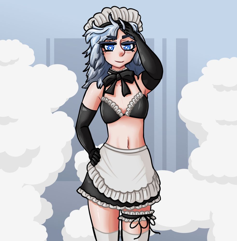 Soraa, a maid boy VTuber, wearing a maid uniform crossed with a bikini. It consists of a bikini top, a choker with a bow, a maid headdress, a skirt with an apron, thigh-high socks, and a frilly thigh band.
