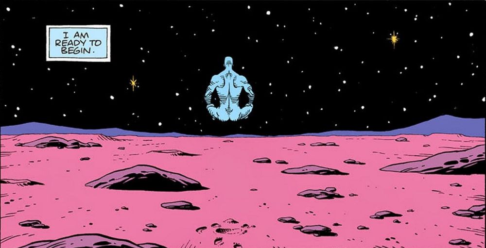 Dr. Manhattan flutuando na lua e dizendo "estou pronto para começar"