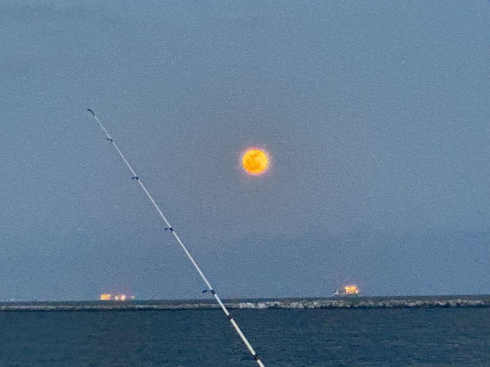 orange full moon rising over LA harbor, fishing pole in foreground