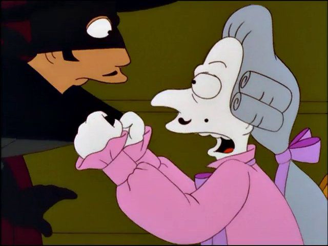 scene from the simpsons; it’s the zorro movie they watch in the beginning of the tomacco episode (S11:E5) which inspires homer to slap people with a glove & challenge them to a duel to get his way. it is the Scarlet Pimpernel grabbing Zorro by the collar, saying the line this skeet is referencing