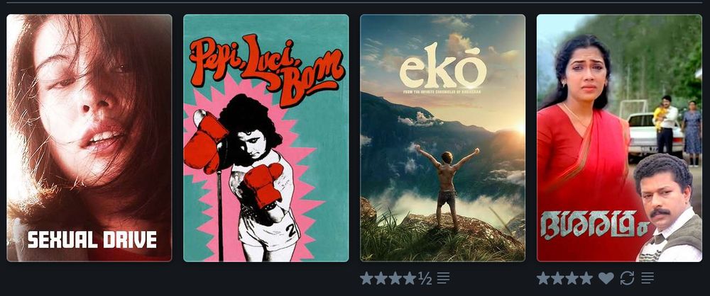 Movie posters of films: Sexual Drive (Japanese, 2021), Pepe Lucie Bom (Spanish, 1980), Eko (Malayalam, 2025) and Dasharatham (Malayalam - 1989)