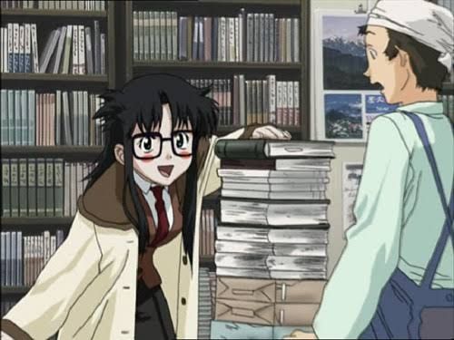 Yomiko Readman buying way too many books, out of breath and flushed of cheek. She straight up has genki spots.