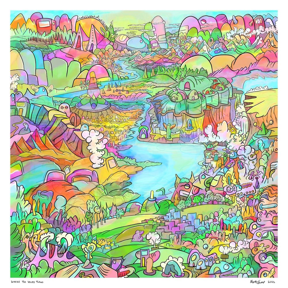 A cartoon land with a river valley running through it
