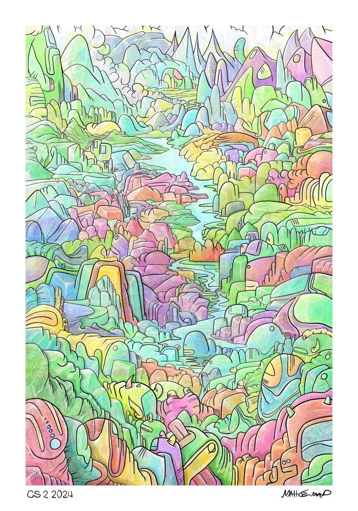 Cartoon landscape with mountains and rivers