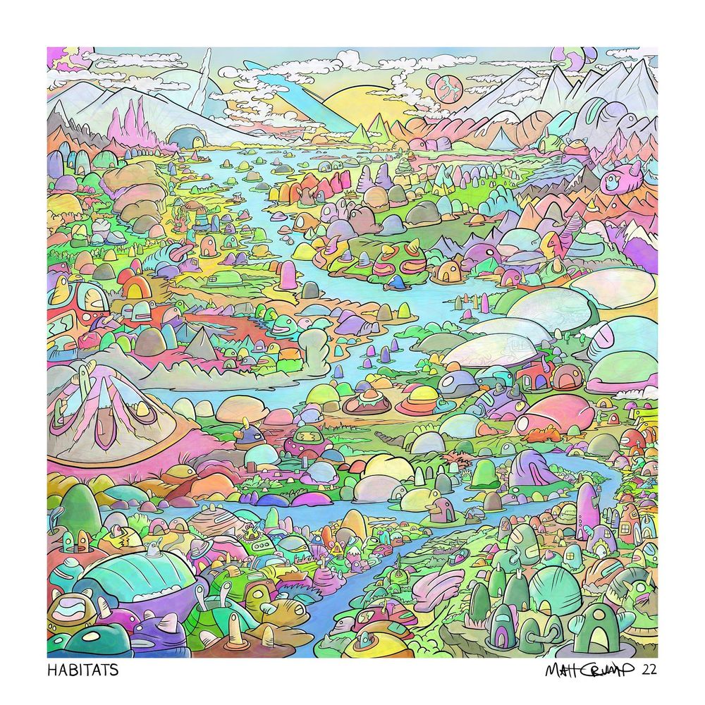 A colorful land where things live in small cartoon hills
