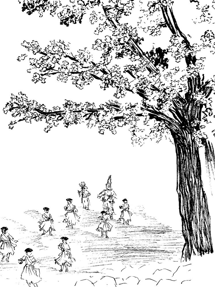 Boceto a tinta de un adulto disfrazado y un grupo de niños bailando bajo un roble.