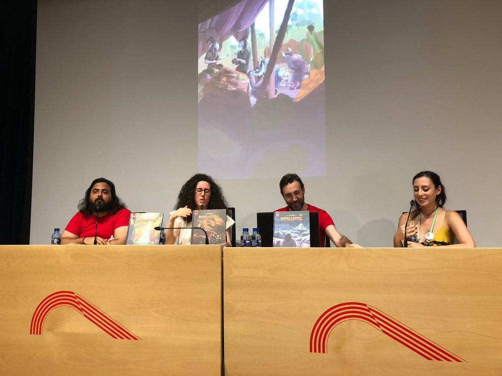 Fotografía de una charla con Seijo, Randt, Ulises y Clara.