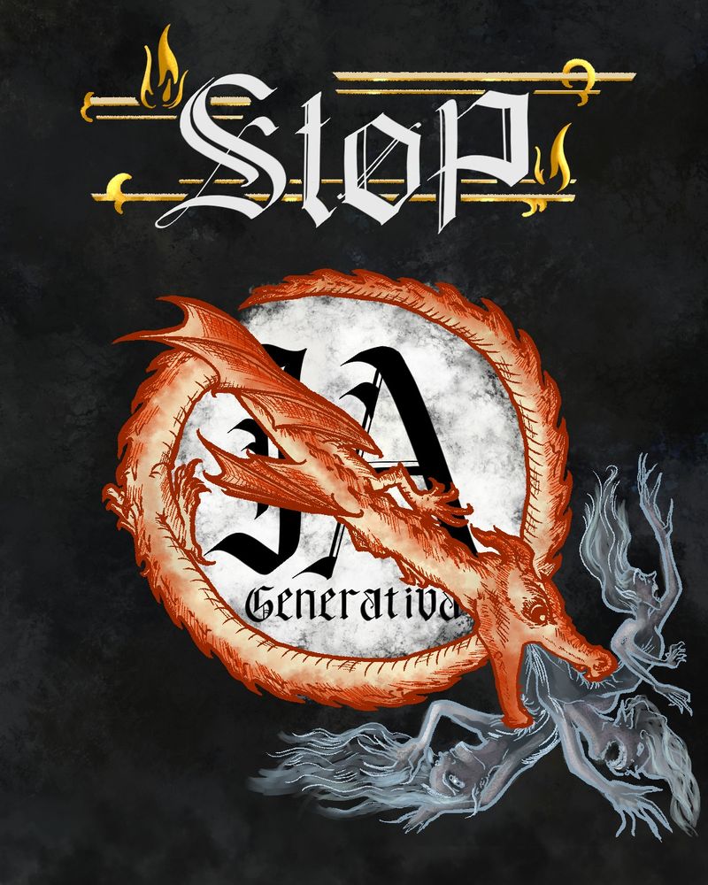 Ilustración con el texto "STOP IA GENERATIVA", con un símbolo de stop sobre el texto "IA generativa" en forma de dragón rojo enroscado, devorando hadas de varios ojos y brazos con dientes afilados.