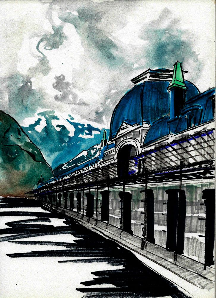 Dibujo a tinta, rotulador y acuarela de la estación de Canfranc vista en escorzo, con montañas nevadas al fondo.