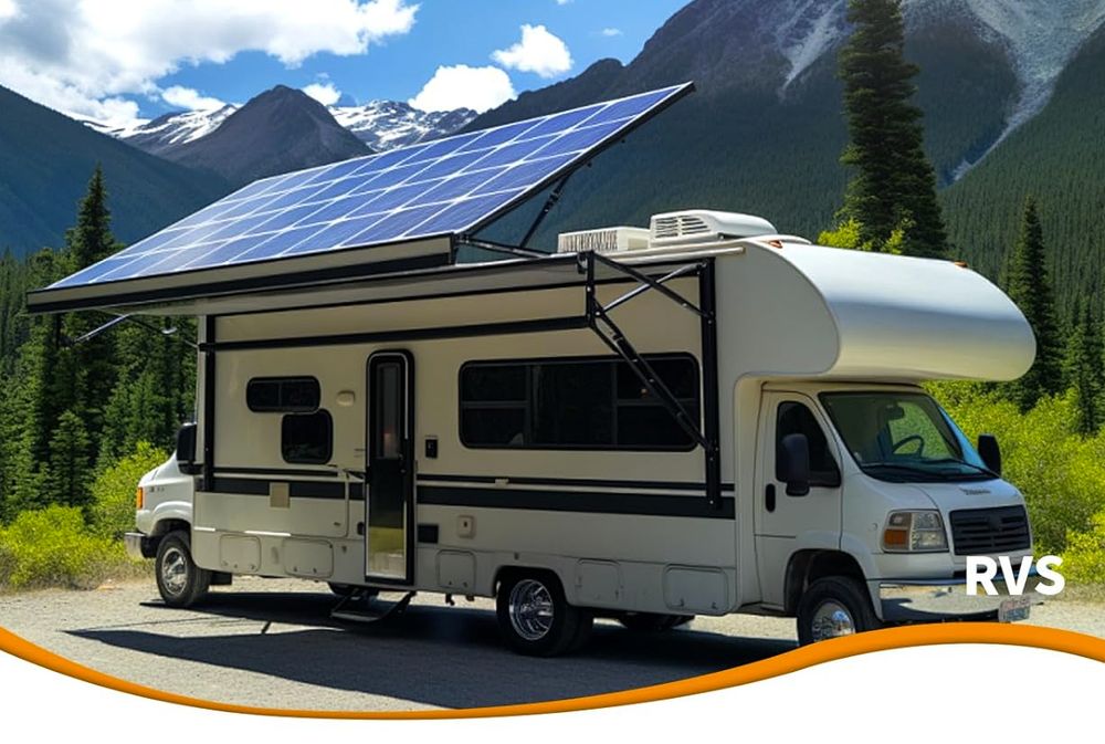 An image of what sort of looks like a Class C motorhome, but it's too narrow, it has a comically large inclined solar panel on the roof... and it has a second driving cab and steering axle visible at the far end.