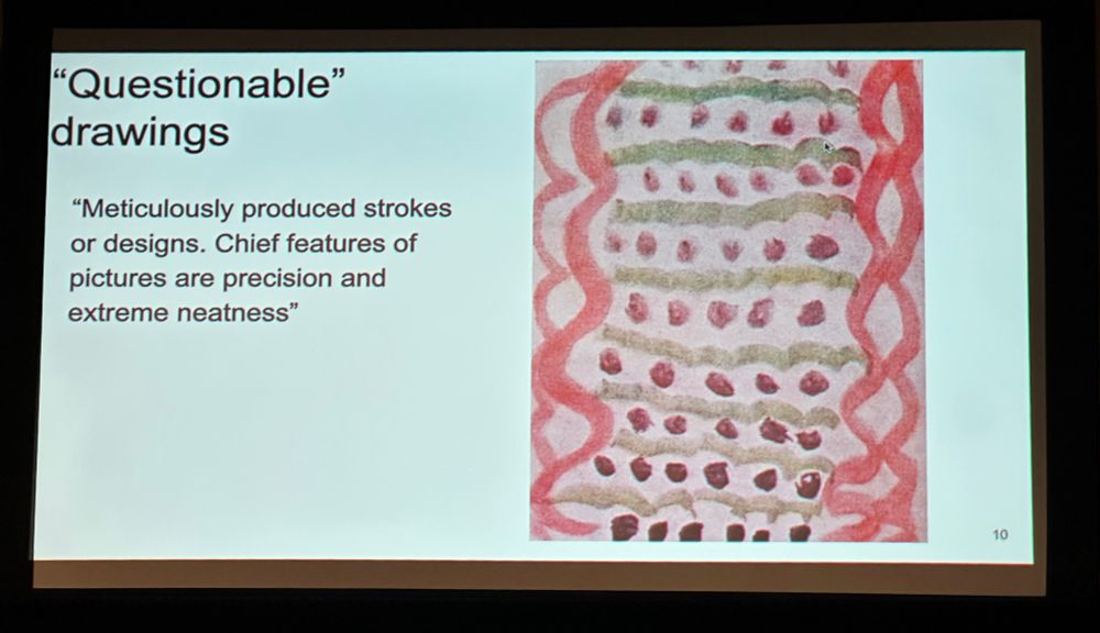 abstract painting of squiggly red lines down either side of the page with the center, alternating lines of green squiggles and red dots with the description: “"Questionable"
drawings
"Meticulously produced strokes or designs. Chief features of pictures are precision and extreme neatness"’