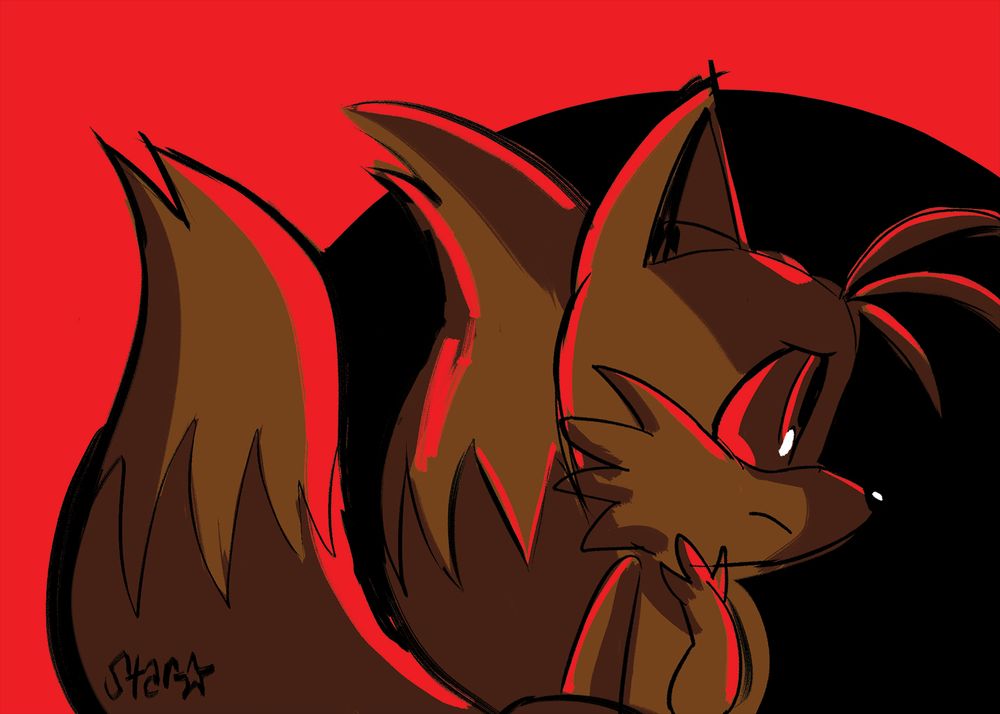 Tails the fox is drawn with a brush pen and stands out in front of a red background with a black circle, he is dark orange and highlighted with red