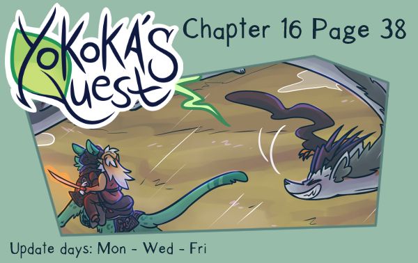 a preview for Yokoka's Quest chapter 16 page 38. Azha and Hurricane are at a stand off.