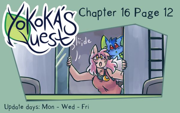A preview for Yokoka’s Quest chapter 16 page 12. Yokoka and Yfa are opening train doors to see outside