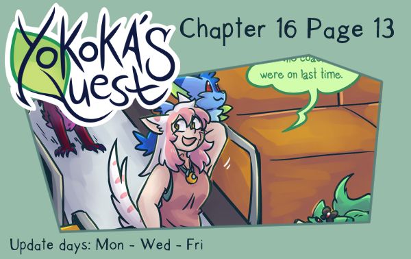 A preview for Yokoka’s Quest chapter 16 page 13. Yokoka and Yfa are walking through a train