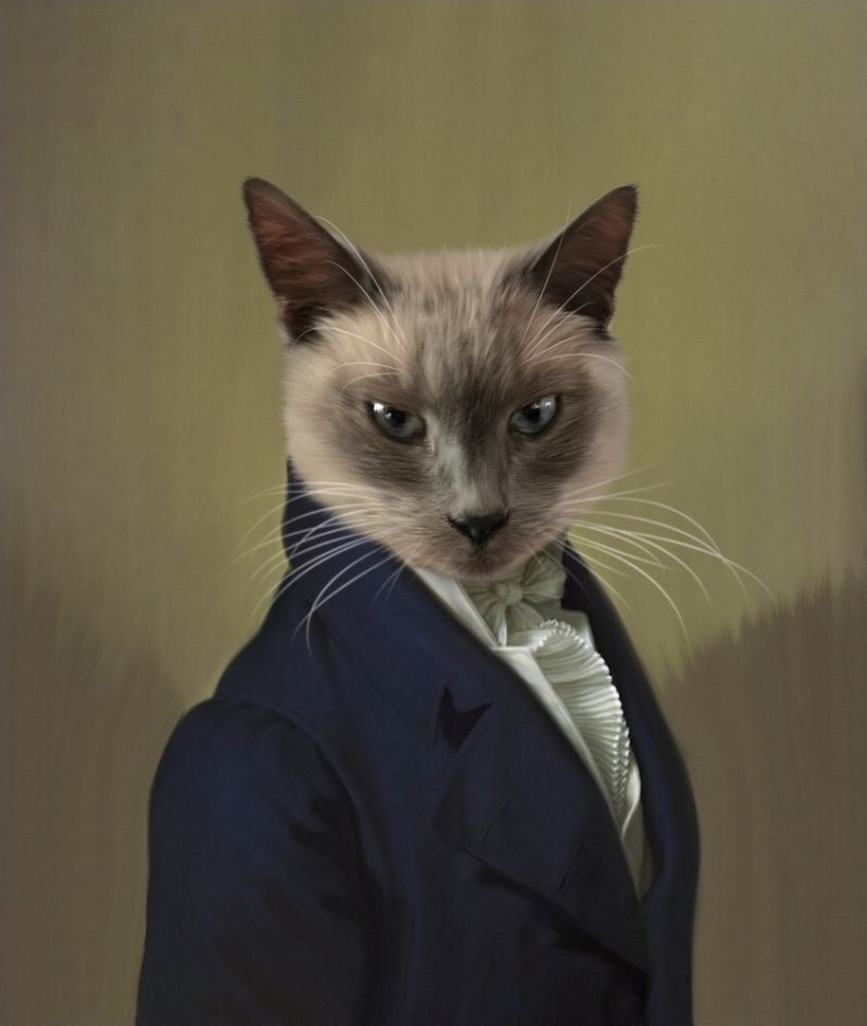 A fancy pet portrait of a siamese cat in a Victorian suit. 