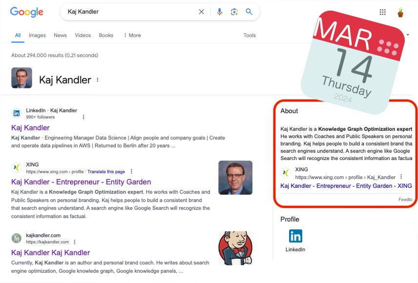 Google search results for Kaj Kandler, displaying in the right column (the knowledge panel) an "About" section.