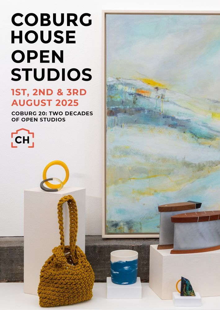 Flyers for Coburg House Open Studios.  Text in top leftgives dates 1st, 2nd & 3rd August 2025 then reads "Coburg 20: two decades of Open Studios". The rest of the image contains a still life of two bangles, a brooch, two metal and wood boxes, a ceramic pot and a crochet handbag in front of an abstract painting. 