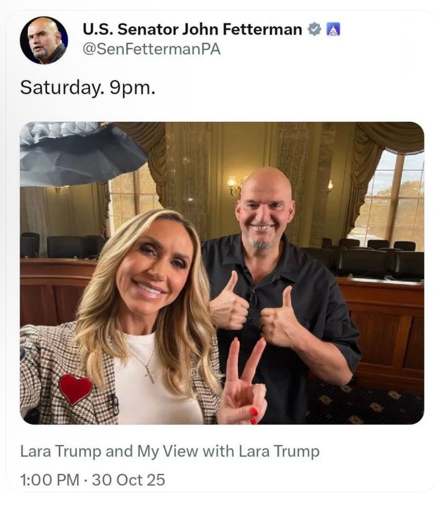 John Fetterman giving a thumbs up with Lara Trump. 
