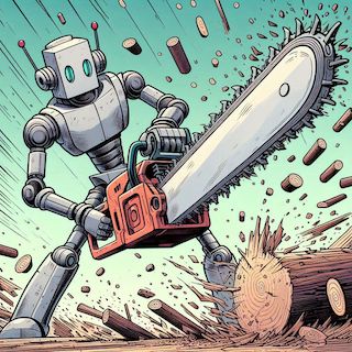 A cartoon robot using a chainsaw on a log
