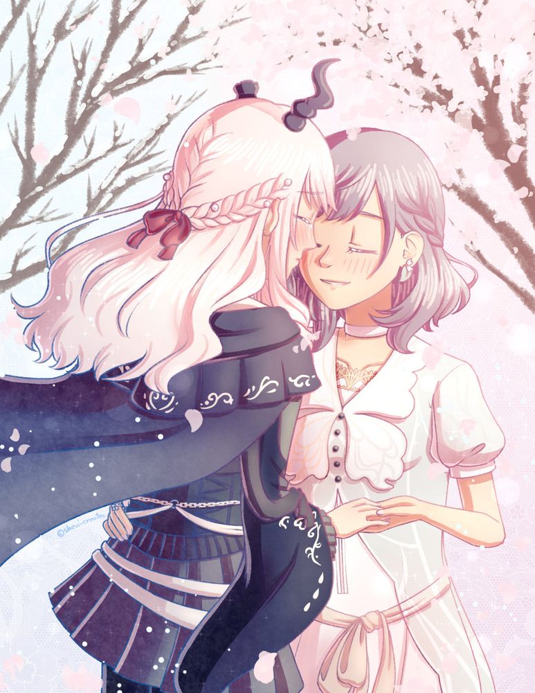digital fanart of mizuki akiyama and ena shinonome from project sekai. mizuki has her outfit from "my footsteps, your destination", while ena has her outfit from "with our hands covered in wounds".
they have their faces close together, eyes closed. ena smiles gently as mizuki cries. one of ena's hands holds mizuki's, while the other is on mizuki's waist.
behind ena is a tree with cherry blossoms, and behind mizuki is a bare tree with snow and a few cherry blossoms. snow and petals fly in the air around them.