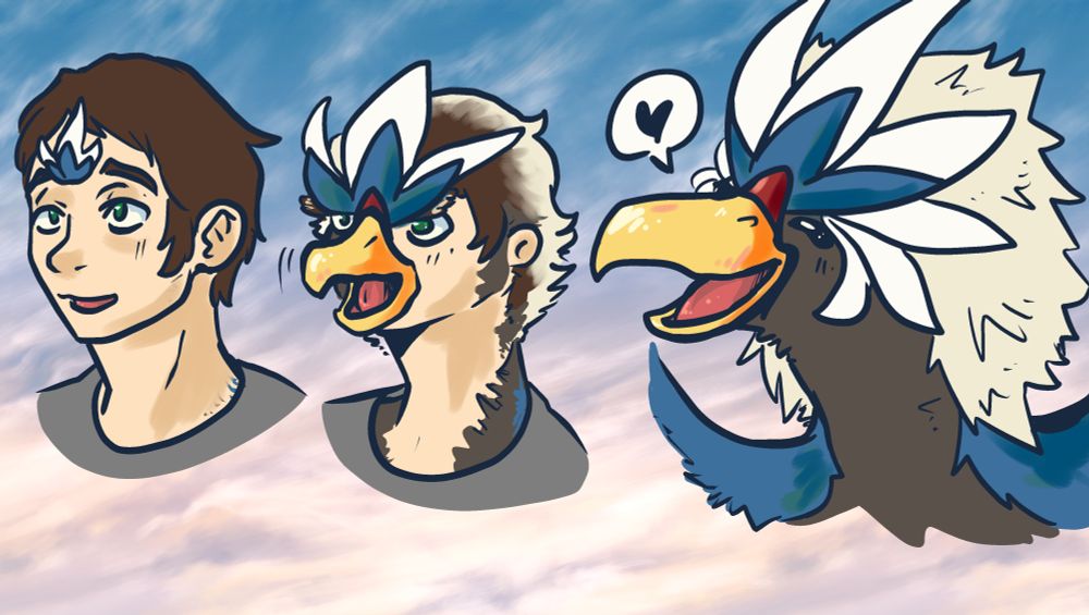three part headshot sequence of a human guy happily turning into a shiny braviary
