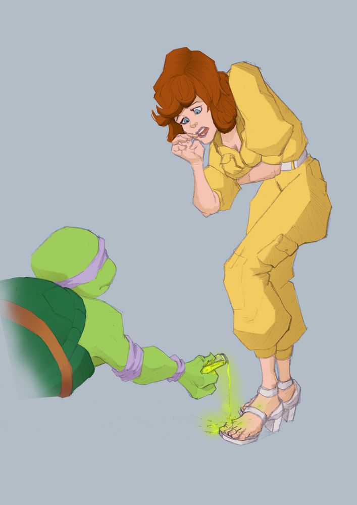 TMNT pouring green stuff on April's foot.