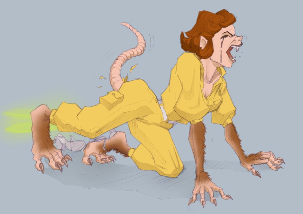 On all fours, looking much more rat like.